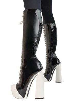 Retro Black and White Knee-High Lace-Up Platform Boots - Image 3