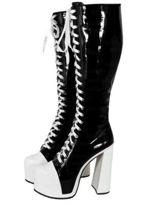 Retro Black and White Knee-High Lace-Up Platform Boots - Image 5