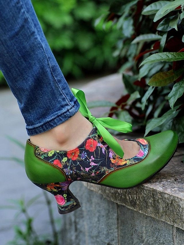 Retro Floral Print Leather Mary Jane Heels - Image 1