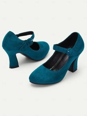 Retro High Heel Teal Suede Mary Jane Heels with Buckle Strap - Image 1