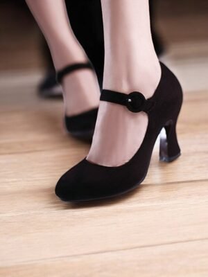 Retro High Heel Teal Suede Mary Jane Heels with Buckle Strap - Image 10