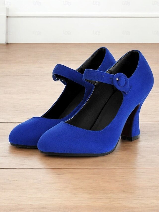 Retro High Heel Teal Suede Mary Jane Heels with Buckle Strap - Image 13
