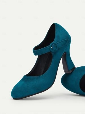 Retro High Heel Teal Suede Mary Jane Heels with Buckle Strap - Image 2