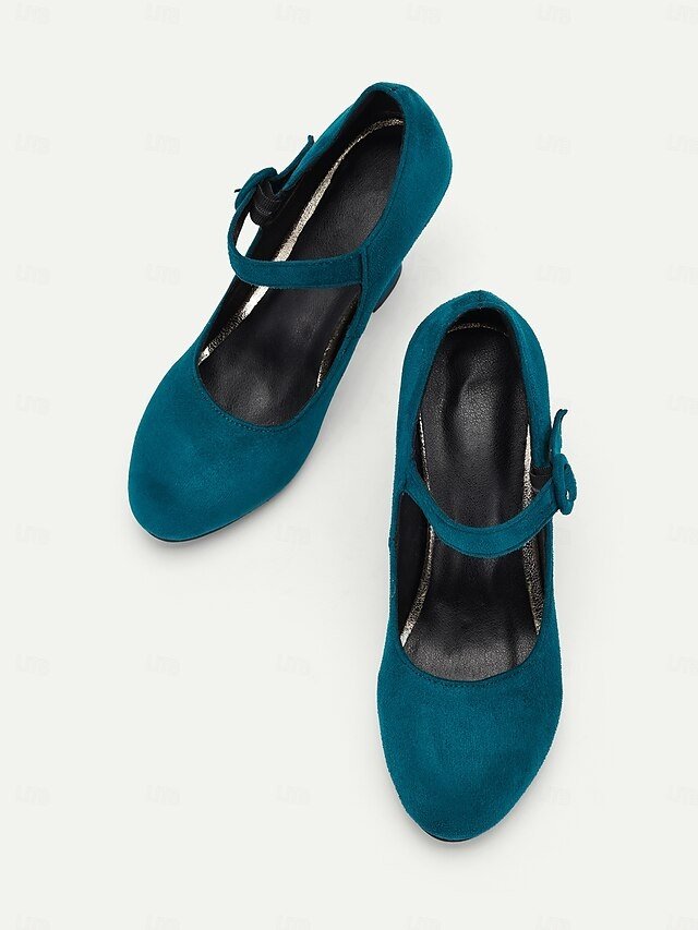 Retro High Heel Teal Suede Mary Jane Heels with Buckle Strap - Image 3