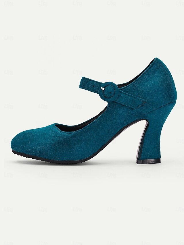 Retro High Heel Teal Suede Mary Jane Heels with Buckle Strap - Image 4