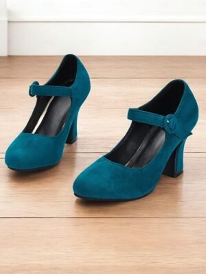 Retro High Heel Teal Suede Mary Jane Heels with Buckle Strap - Image 5