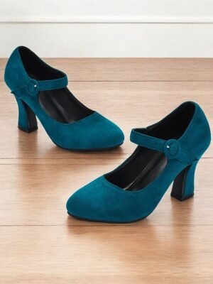 Retro High Heel Teal Suede Mary Jane Heels with Buckle Strap - Image 6