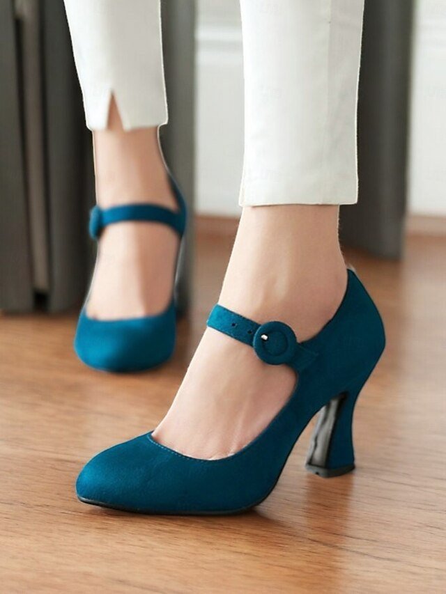 Retro High Heel Teal Suede Mary Jane Heels with Buckle Strap - Image 7