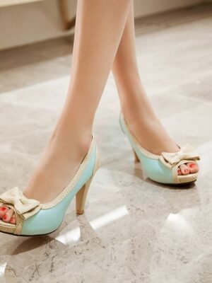 Retro Polka Dot Peep Toe High Heels - Image 5