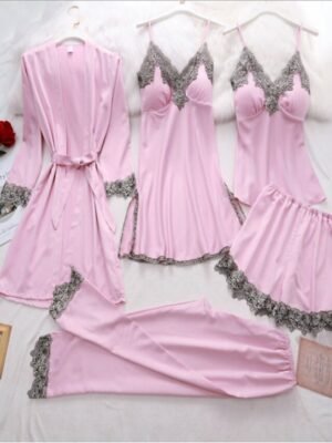 Retro Simple Pure Long Sleeve V Wire Satin 5-Piece Pajama Set - Image 1