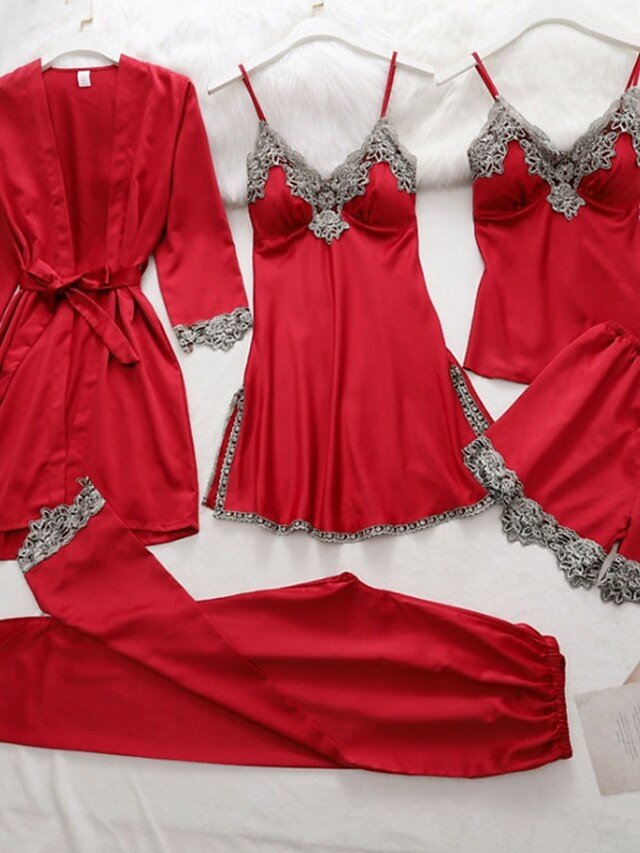 Retro Simple Pure Long Sleeve V Wire Satin 5-Piece Pajama Set - Image 2