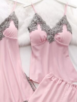 Retro Simple Pure Long Sleeve V Wire Satin 5-Piece Pajama Set - Image 5