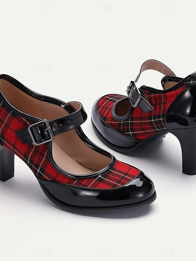 Retro Stylish Plaid Mary Jane Buckle Strap Heels - Image 1