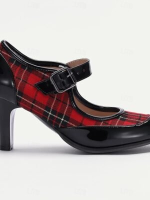 Retro Stylish Plaid Mary Jane Buckle Strap Heels - Image 2