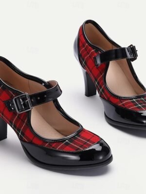 Retro Stylish Plaid Mary Jane Buckle Strap Heels - Image 3