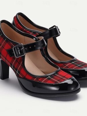 Retro Stylish Plaid Mary Jane Buckle Strap Heels - Image 4