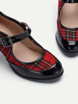 Retro Stylish Plaid Mary Jane Buckle Strap Heels - Image 5