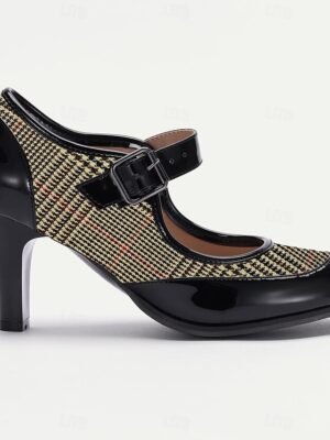 Retro Stylish Plaid Mary Jane Buckle Strap Heels - Image 7