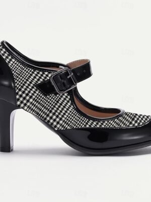 Retro Stylish Plaid Mary Jane Buckle Strap Heels - Image 8