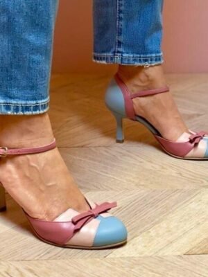 Retro Two-Tone High Heel Bow Detail Ankle Strap Pumps - Image 3