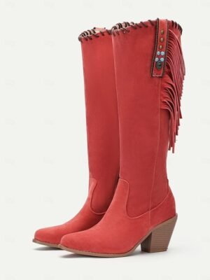 Retro Western Suede Fringe Mid-Calf Heeled Boots - Image 10