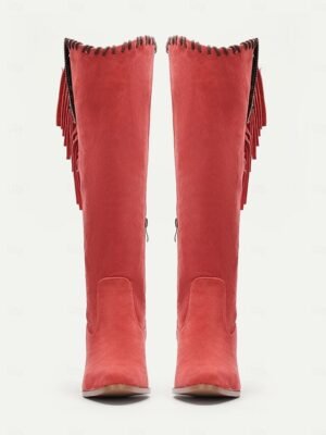 Retro Western Suede Fringe Mid-Calf Heeled Boots - Image 12