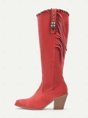 Retro Western Suede Fringe Mid-Calf Heeled Boots - Image 13