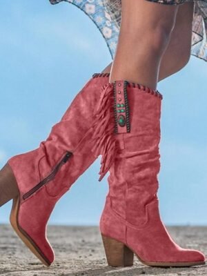Retro Western Suede Fringe Mid-Calf Heeled Boots - Image 14