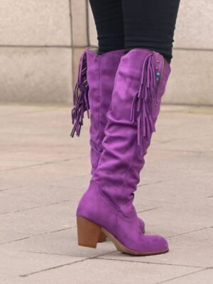 Retro Western Suede Fringe Mid-Calf Heeled Boots - Image 16