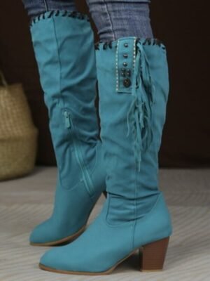 Retro Western Suede Fringe Mid-Calf Heeled Boots - Image 18