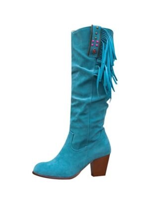 Retro Western Suede Fringe Mid-Calf Heeled Boots - Image 19