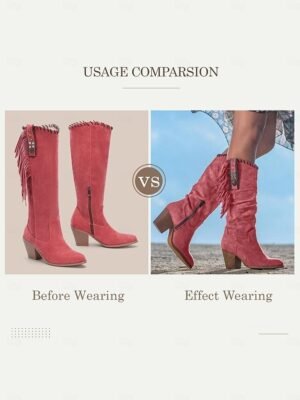 Retro Western Suede Fringe Mid-Calf Heeled Boots - Image 7