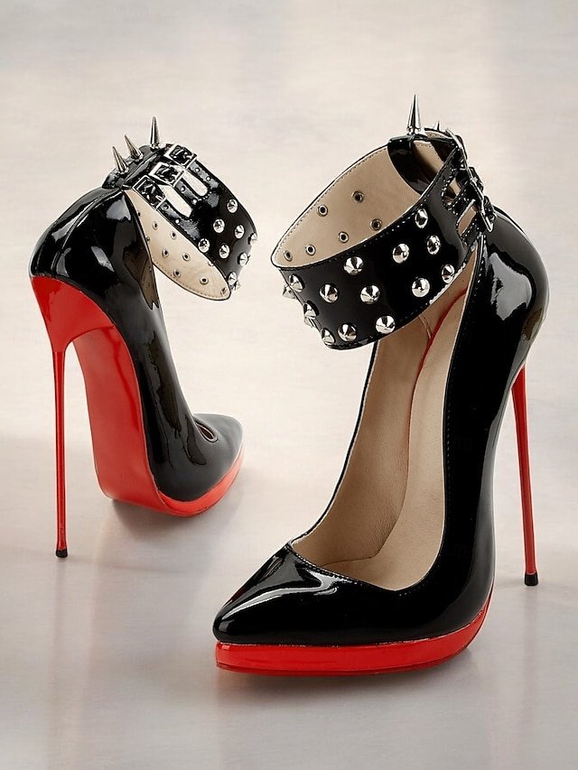 Sexy Black Patent Leather Studded Spiked Platform Stiletto Heels - Image 2