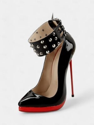Sexy Black Patent Leather Studded Spiked Platform Stiletto Heels - Image 7