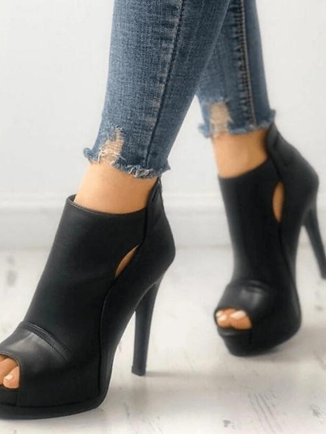 Sexy Black Peep Toe Stiletto Faux Leather Ankle Boots - Image 2