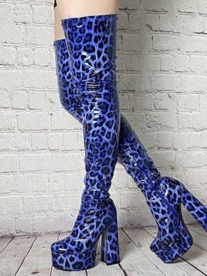Sexy Blue Leopard Thigh-High Round Toe Platform Boots - Image 1