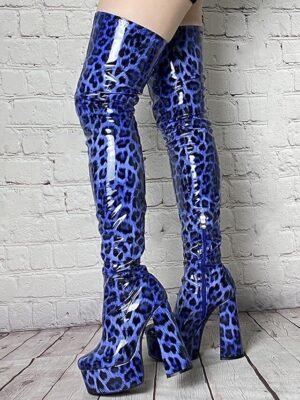 Sexy Blue Leopard Thigh-High Round Toe Platform Boots - Image 2