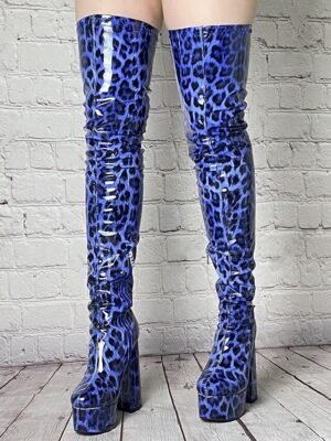 Sexy Blue Leopard Thigh-High Round Toe Platform Boots - Image 3