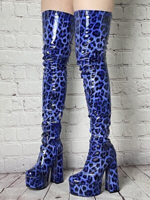 Sexy Blue Leopard Thigh-High Round Toe Platform Boots - Image 4