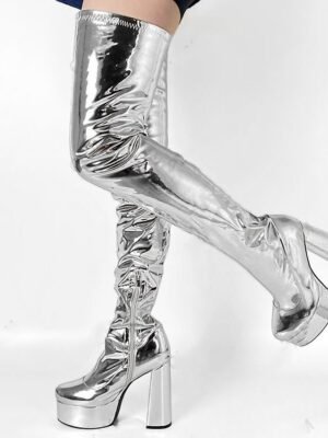 Sexy Blue Leopard Thigh-High Round Toe Platform Boots - Image 7