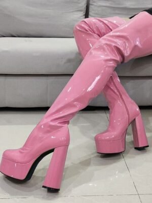 Sexy Blue Leopard Thigh-High Round Toe Platform Boots - Image 8