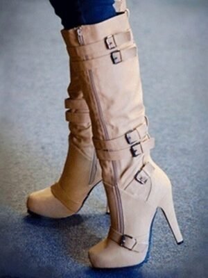 Sexy High Heel Knee-High Beige Stiletto Boots with Buckle Straps - Image 1