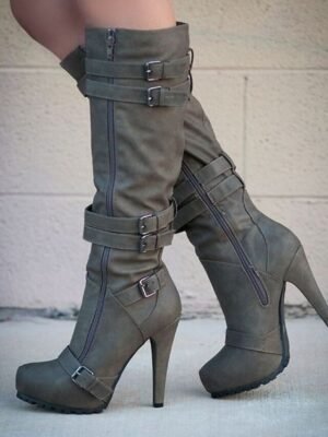 Sexy High Heel Knee-High Beige Stiletto Boots with Buckle Straps - Image 6