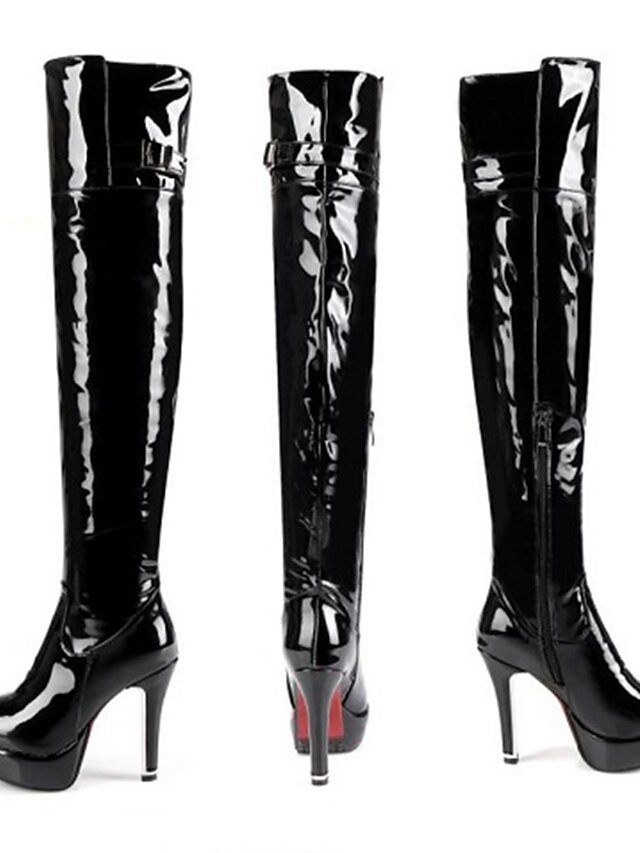 Sexy Over-the-Knee Black Patent Faux Leather Stiletto Boots - Image 2