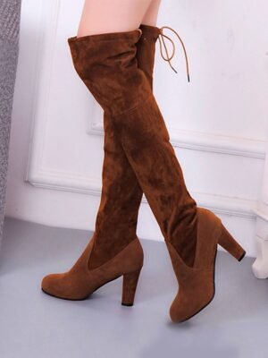 Sexy Suede Tie Back Over-the-Knee Block Heel Boots - Image 4