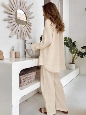 Simple Basic Loose Pure Colour Lapel Long Sleeve Summer Loungewear Set - Image 11