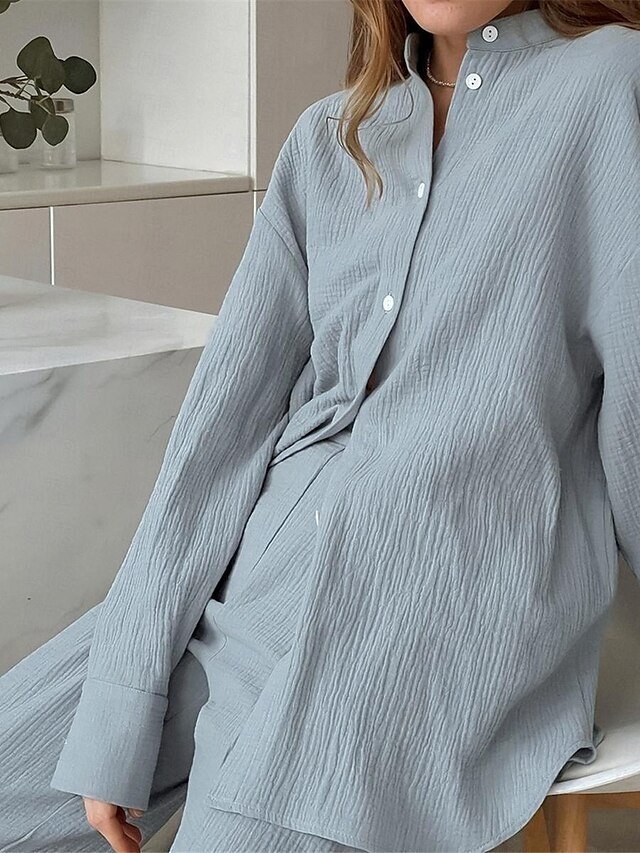 Simple Basic Loose Pure Colour Lapel Long Sleeve Summer Loungewear Set - Image 2