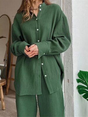 Simple Basic Loose Pure Colour Lapel Long Sleeve Summer Loungewear Set - Image 6