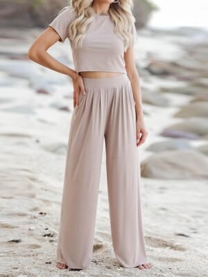 Simple Casual Crew Neck Short Sleeve Loungewear Set - Image 13