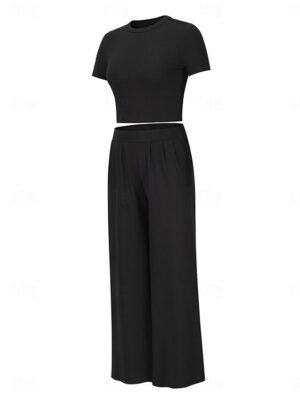 Simple Casual Crew Neck Short Sleeve Loungewear Set - Image 18